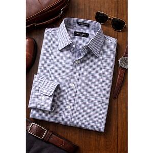 Neiman Marcus Mens Large Plaid Trim Fit Button Up Shirt Black White Purple‎ Blue